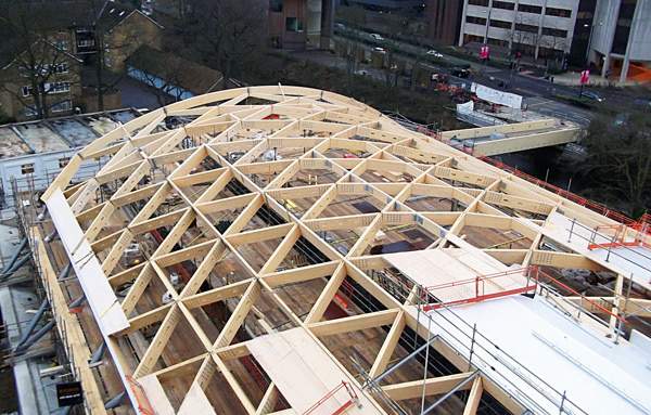 The diagrid &#39;gridshell&#39; roof from above, during construction