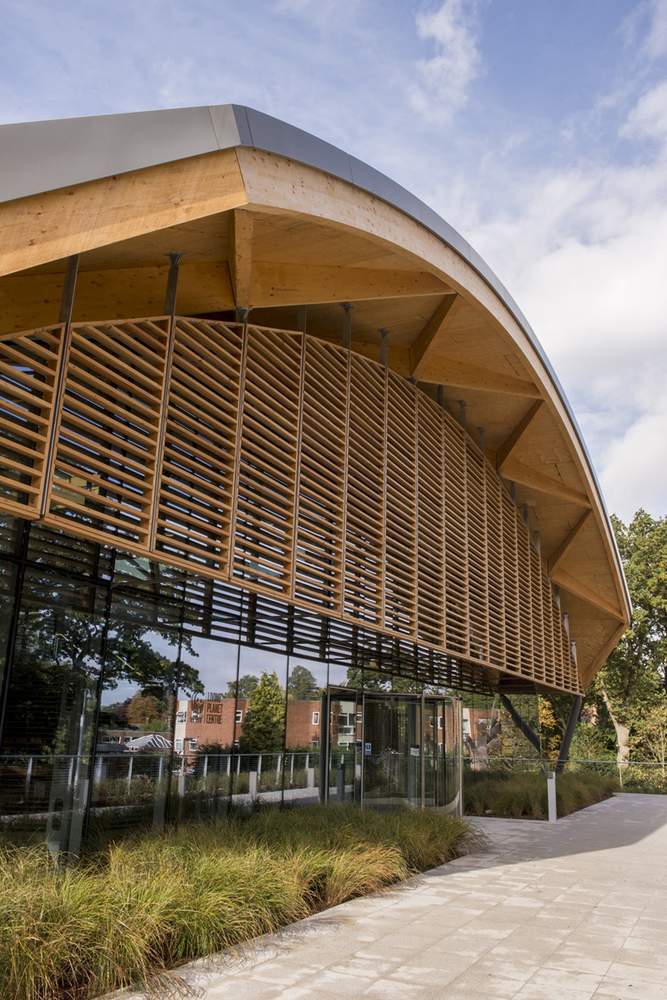 Front of the Living Planet Centre, showing the louvred 'brise soleil' shading system