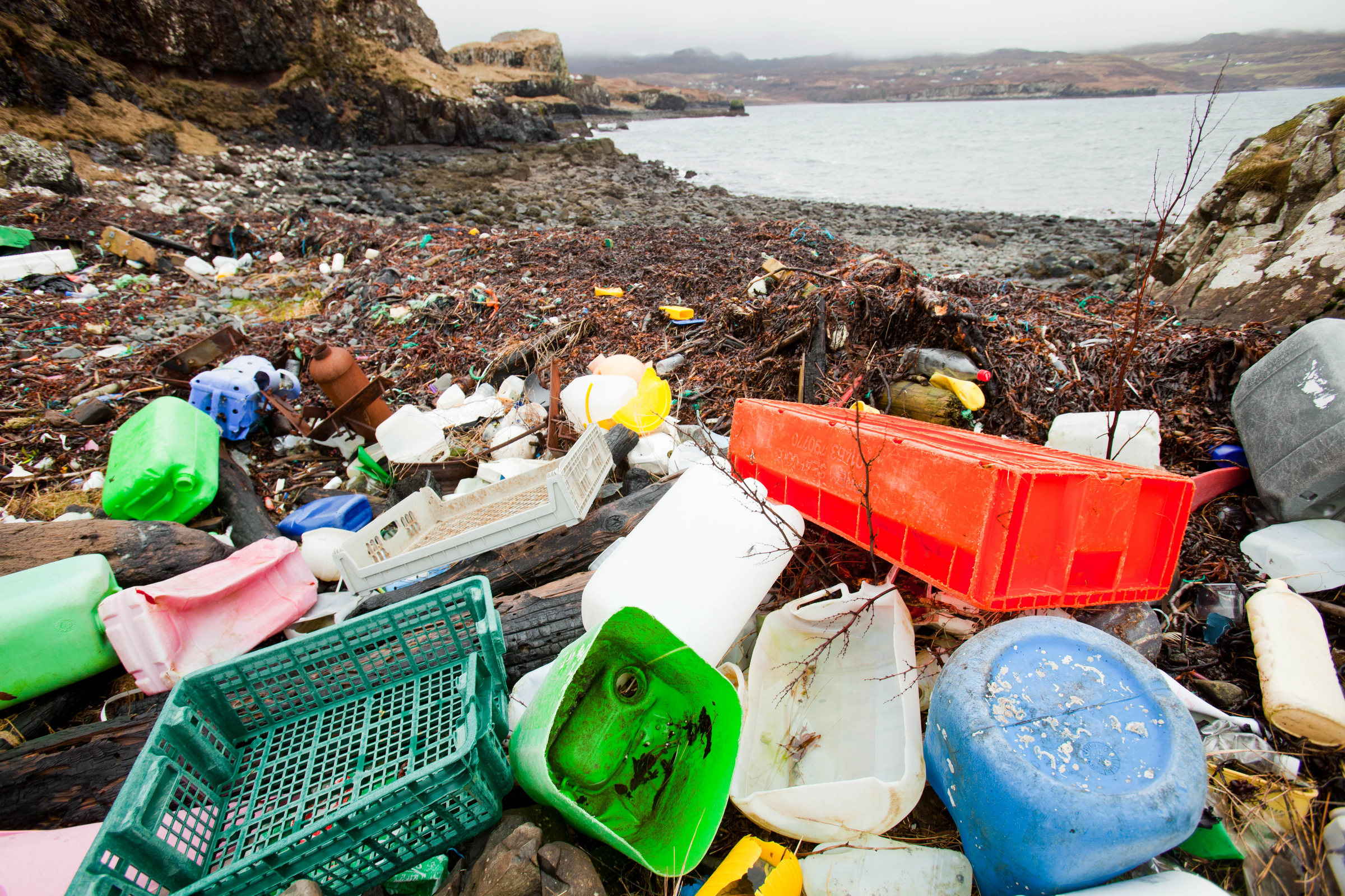 Plastic debris washed ashore Plastic debris washed ashore at Ardtreck Bay on the Isle of Skye, Scotland, UK.