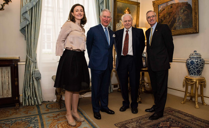Valentine’s Day 14 February 2018 at Clarence House. WWF Supporter Lunch, Mrs. Tanya Steele CEO WWF-UK, His Royal Highness Prince Charles, Sir David Attenborough and Sir Andrew Cahn Chairman of WWF-UK, pictured together Valentine’s Day 14 February 2018 at Clarence House. WWF Supporter Lunch, Mrs. Tanya Steele CEO WWF-UK, His Royal Highness Prince Charles, Sir David Attenborough and Sir Andrew Cahn Chairman of WWF-UK, pictured together