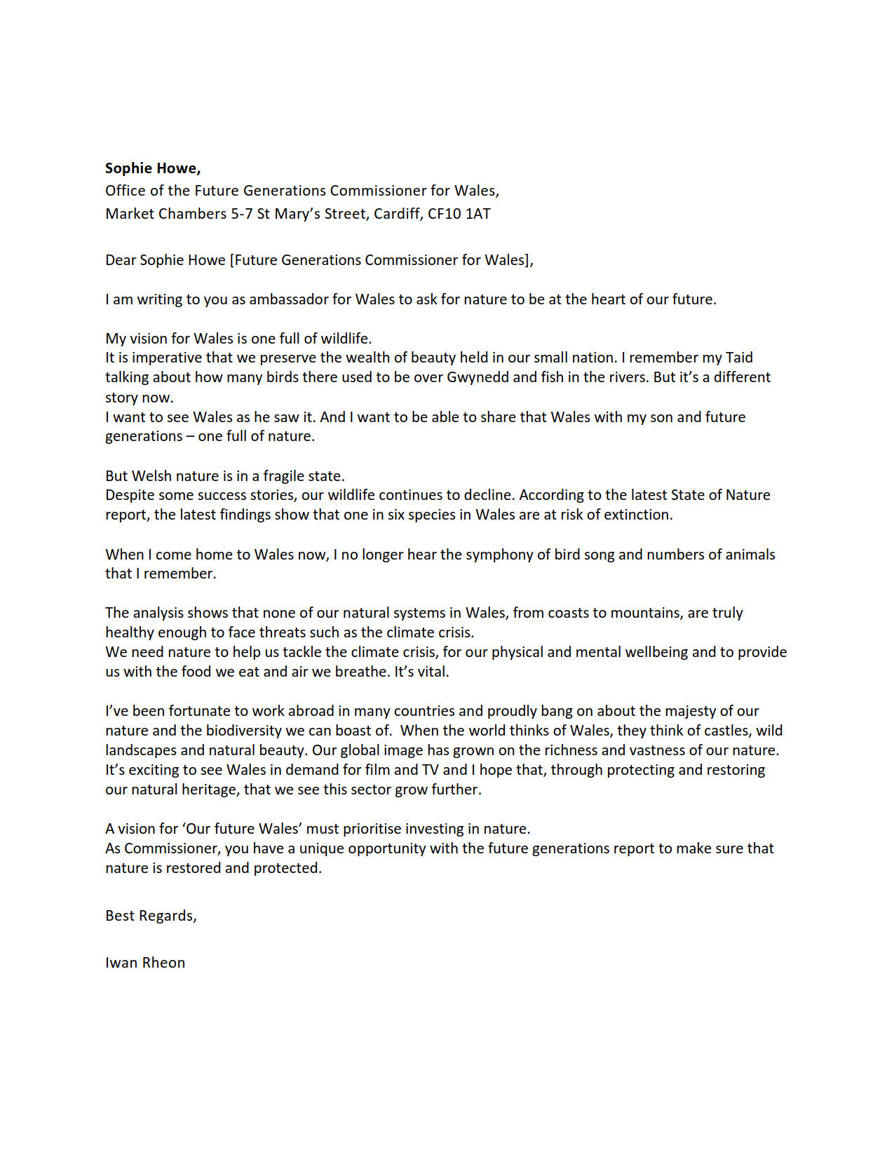 A letter from Iwan Rheon, WWF Cymru A letter from Iwan Rheon, WWF Cymru
