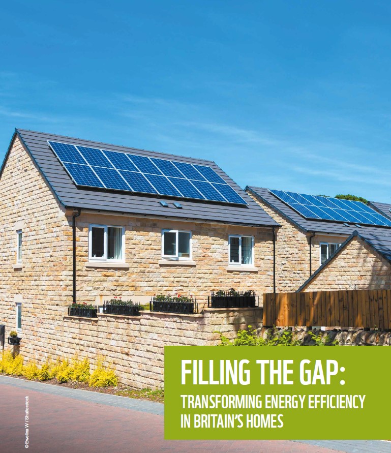 Cover image of Filling The Gap summary report. Image of new build homes with solar panels on the roofs