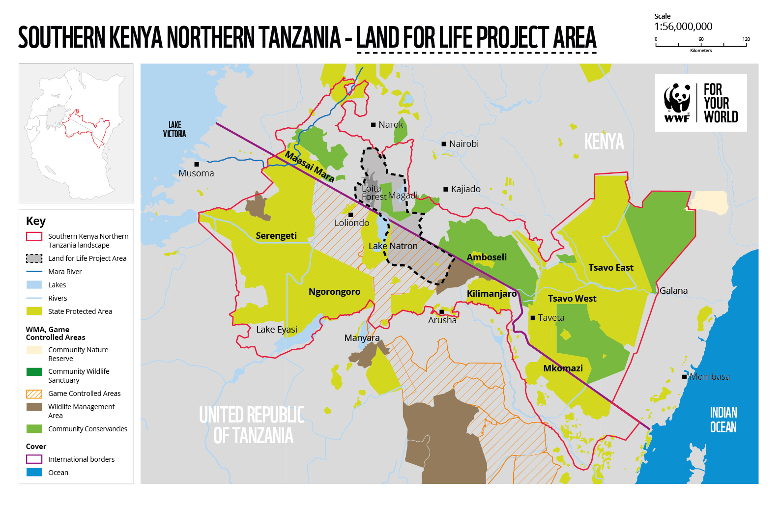 Map of Southern Kenya and Northern Tanzania that outlines the Land for Life project area