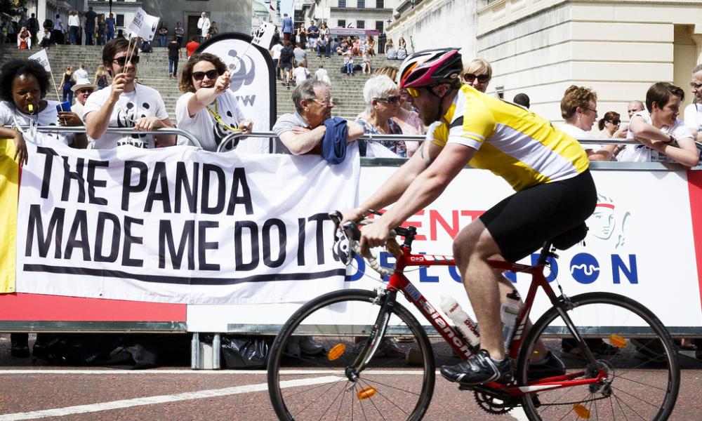Team panda cyclist on his bike at RideLondon