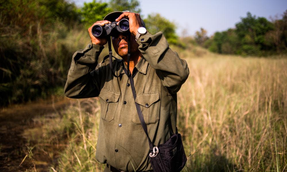 Local guide tracking tigers, Bardia National park, within the Terai Arc region of Nepal.