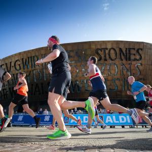 Runners make their way through Cardiff Bay, Roald Dahl Plas and past the Wales Millennium Centre at the halfway point of the race