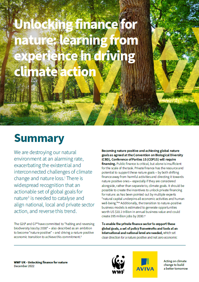 Unlocking finance for nature Cover image for 'Unlocking finance for nature' report