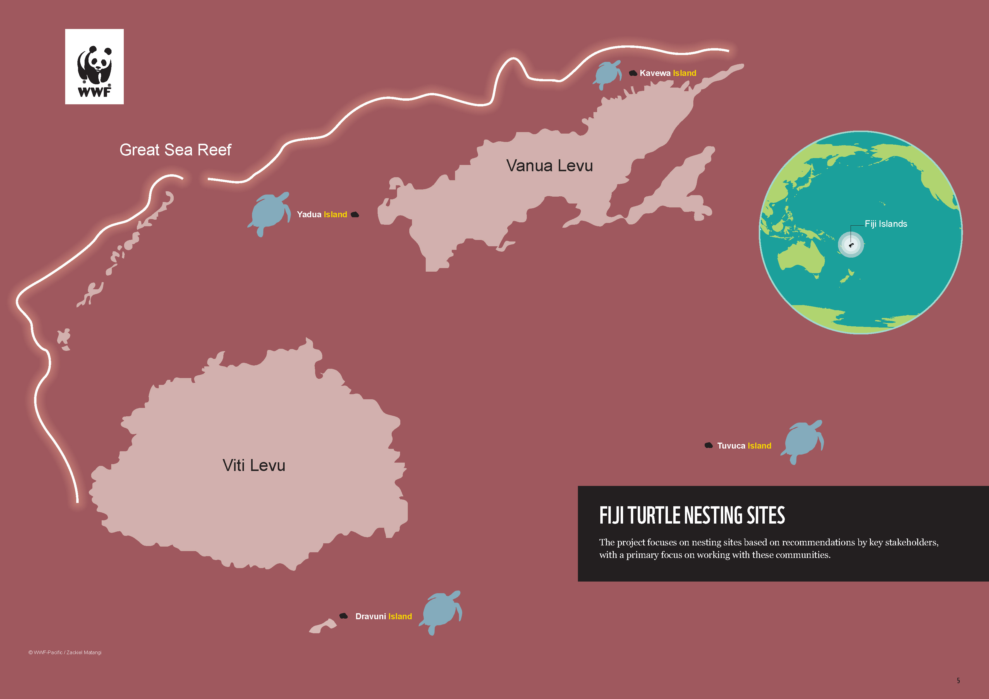 Map of the Fiji Islands showing where the turtle nesting sites are, with the text 'the project focuses on nesting sites based on recommendations by key stakeholders, with a primary focus on working with these communities.