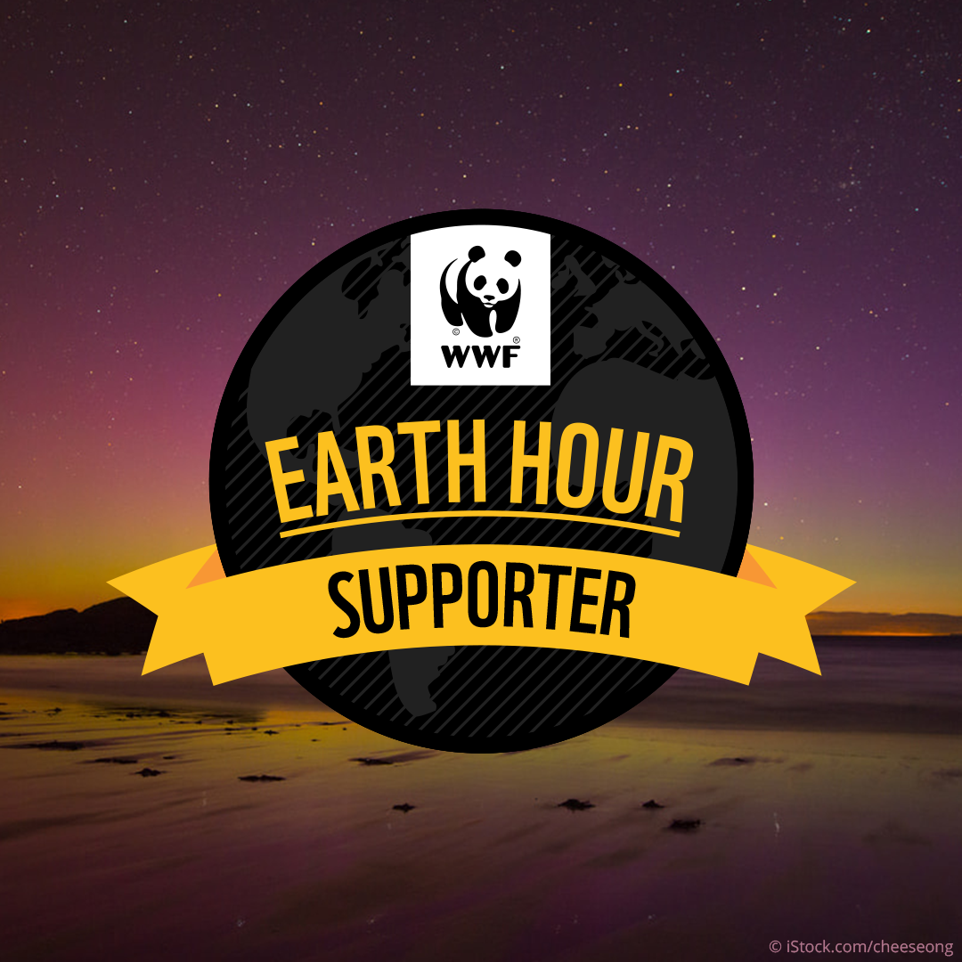 Sunset and the northern lights behind bass rock. Overlapping text reads, 'Earth Hour Supporter'.'