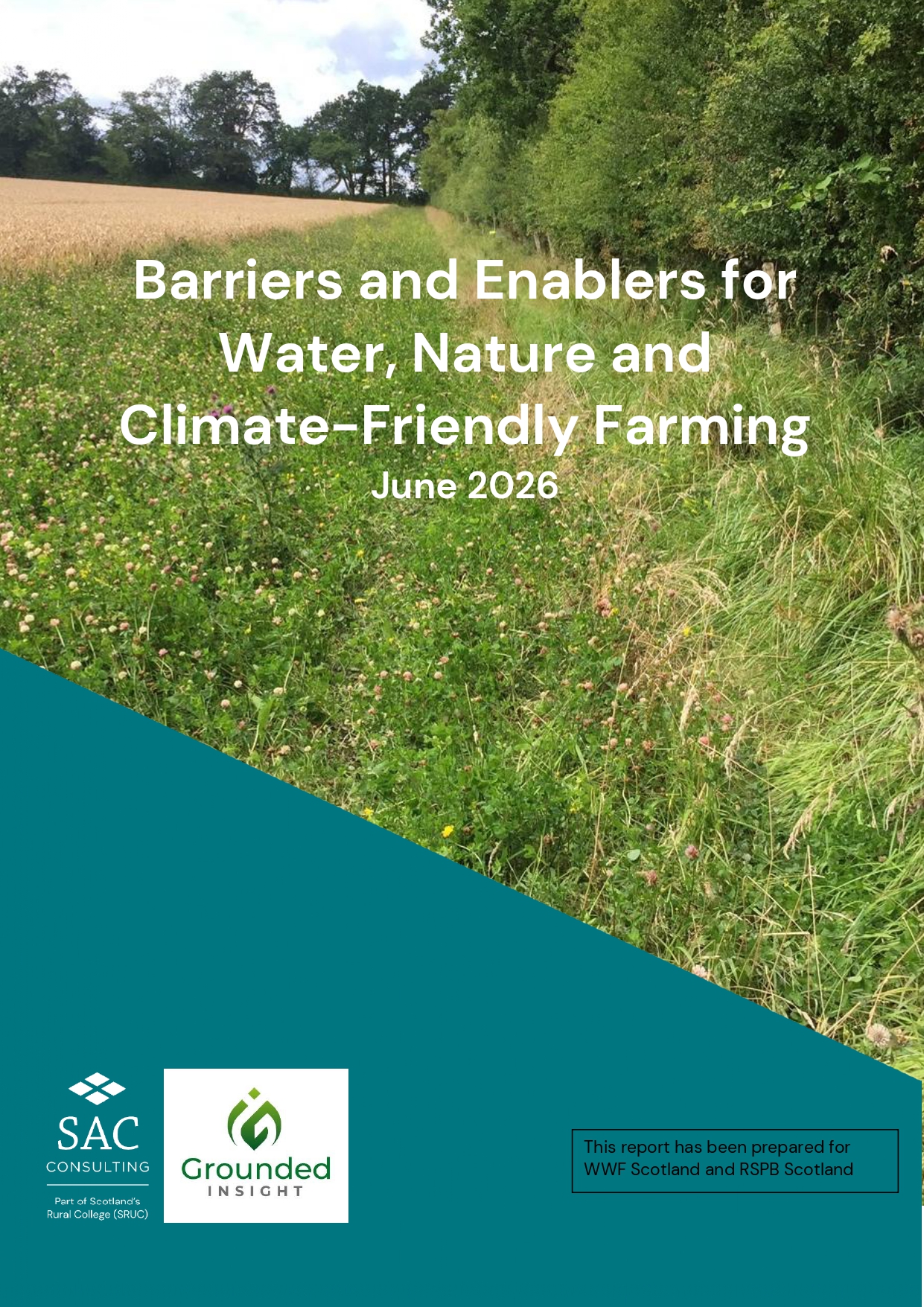 The cover page of a report, with a background showing wide and wild field margins. Title text reads, 'Barriers and Enablers for Water, Nature and Climate-Friendly Farming. June 2026'