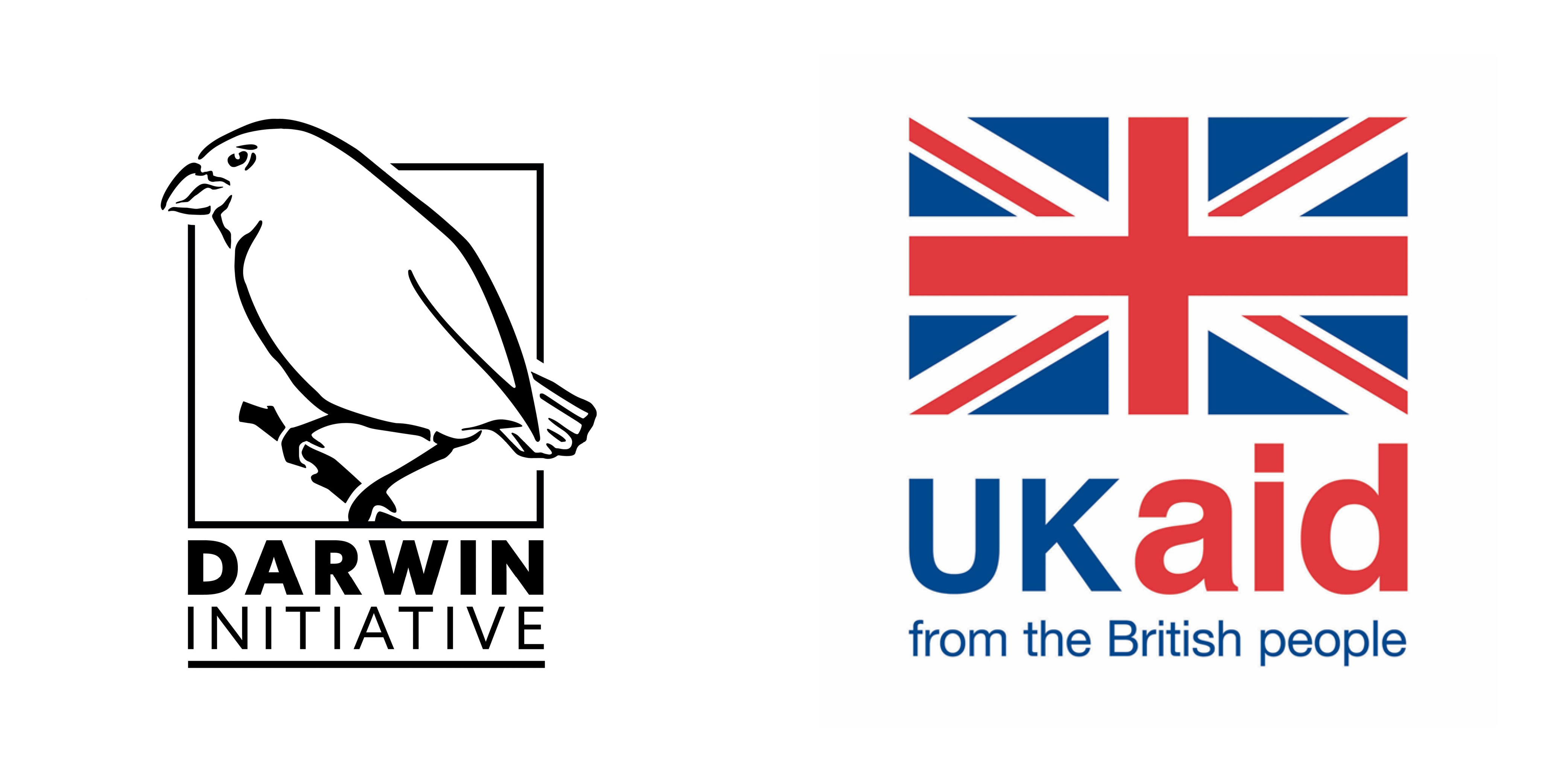 Darwin Initiative logo (simple black and white illustration of a bird perched on a branch) and UK Aid logo (union jack with text 'UK aid from the British people')