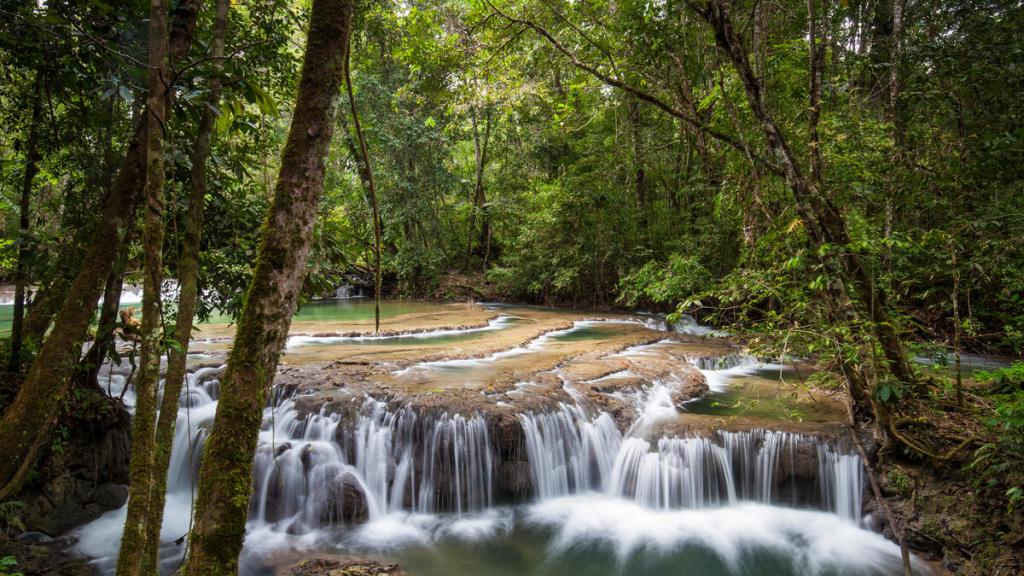 Waterfall in tropical rainforest at Lacan-tun, Montes Azules Biosphere Reserve, Chiapas, Mexico.