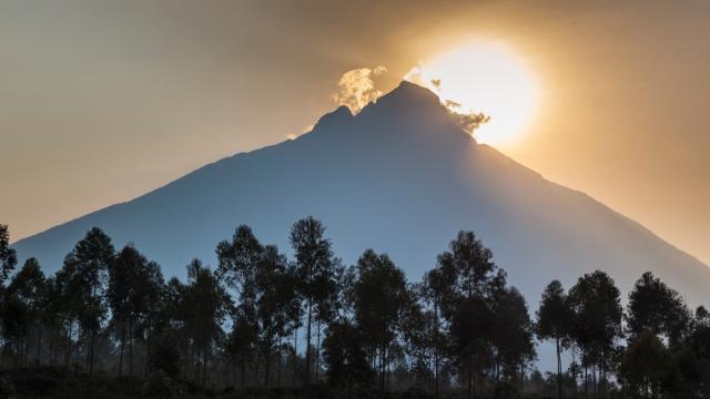 Sunrise behind Mount Mikeno, Virunga National Park, Democratic Republic of Congo (formerly Zaire), Africa