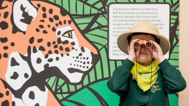 Pupil taking part in the Amazing Amazon workshop at the Living Planet Centre © Richard Stonehouse / WWF-UK