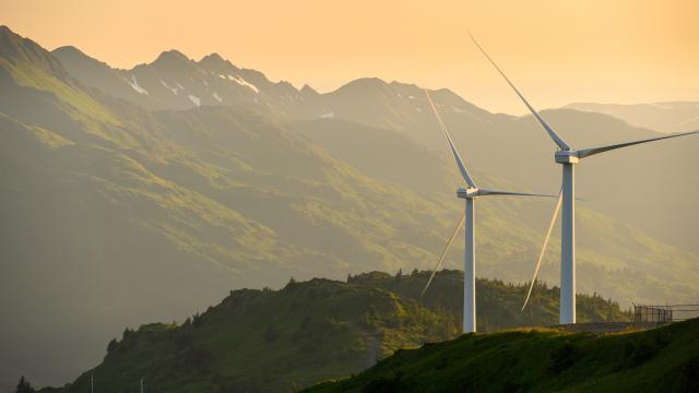 Wind turbine farm on Pillar Mountain in Kodaik, Alaska