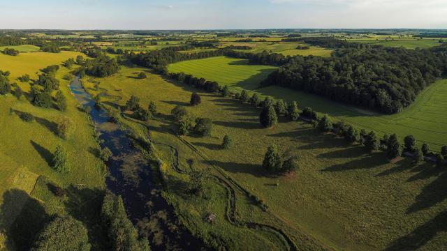 Drone panoramic photo of the  remeandering of the river system in Norfolk UK, creating curves and bends in the river allows for the growth of wildflowers on banks which in turn creates a richer biodiversity on the river. 