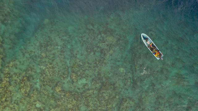 Diving skiffs just about to anchor at one of the reef north of Vanua Levu, FIji