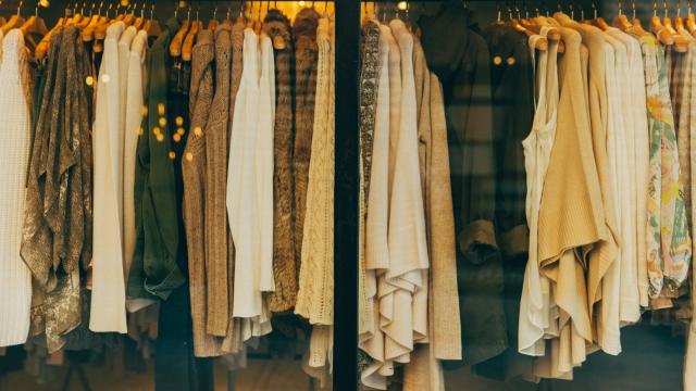 Rail of clothing in neutral tones