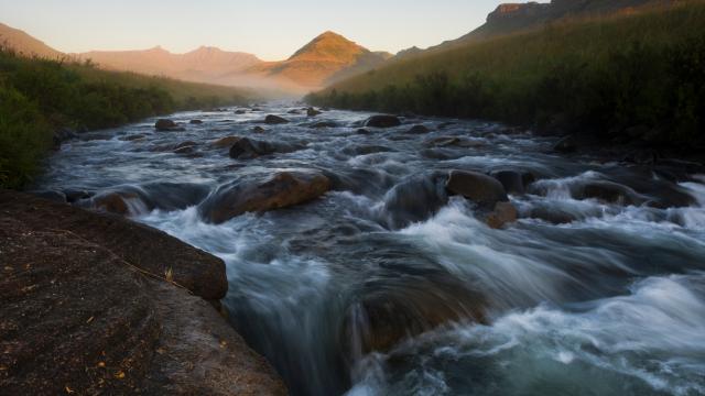 The Pholela River flows over a small rapid at dawn within the uKuhlamba World Heritage site and location of the Deakensberg Mountain catchment.