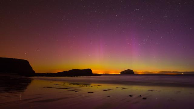Aurora Borealis and Bass Rock, East Lothian, Scotland