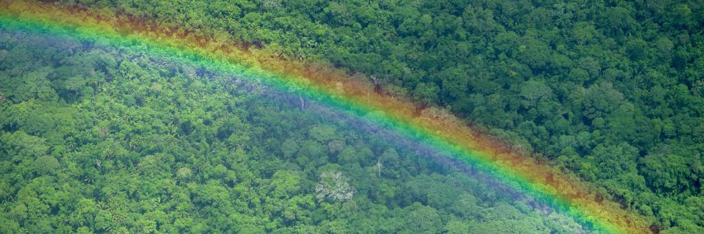 Aerial view of landscape with rainbow seen during a flight from Trinidad to Bellavista, Beni Department of Bolivia.