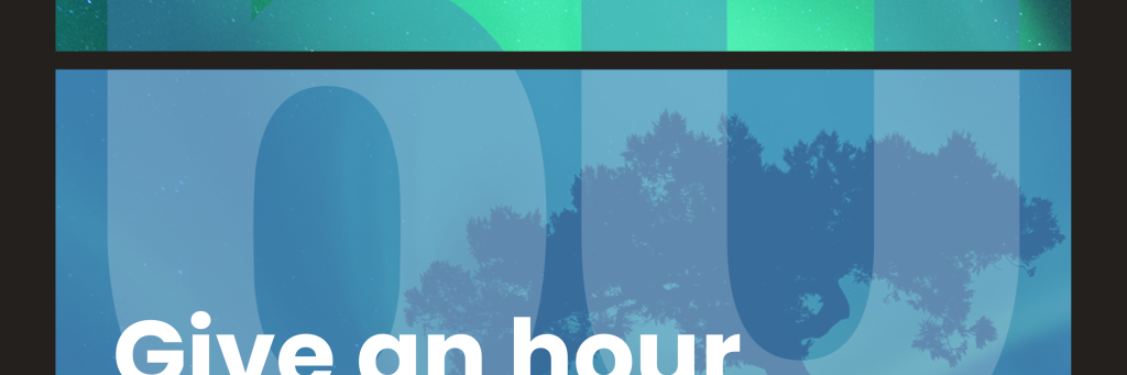 A black flip clock style border. Inside is a photo of a the northern lights and the silhouette of a tree. Text reads 'Give an hour for earth. #EarthHourScotland. 8.30pm 23rd March. www.wwf.org.uk/scotland/earthhour'. In the background is a large 60 overlay.