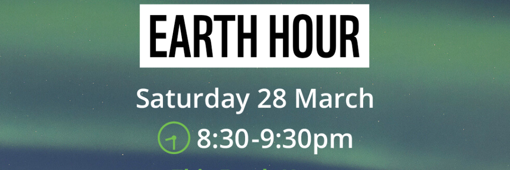 The Northern Lights lighting up the sky in shades of blue and green, above the Isle of Skye, Scotland. Overlapping text reads, 'Earth Hour. Saturday 28 March. 8:30-9:30pm. This Earth Hour, switch off for our world.'