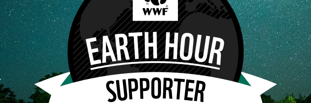 A turquoise night sky full of stars and the milky way. Overlapping text reads, 'Earth Hour Supporter'.'