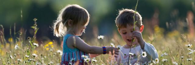Young children, a boy and girl, playing in hay meadow