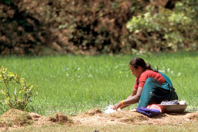 Woman doing her washing in a small stream. Bandhavgarh, Madhya Pradesh, India