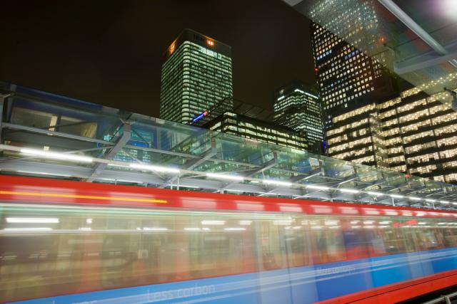 Banking and financial sector buildings are seen from the Docklands Light Railway at Canary Wharf, London, UK.