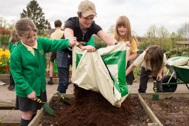 WWF supporter Cel Spellman and a planting workshop at Gilthill Primary School