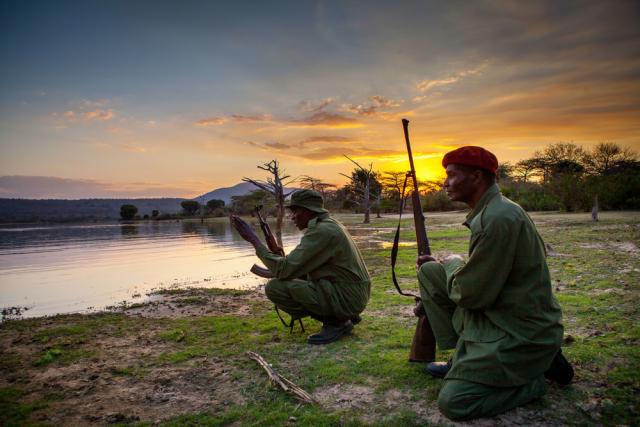 George Athanus and Said Mkinga, wildlife rangers in Selous Game Reserve on rhino monitoring patrol. 