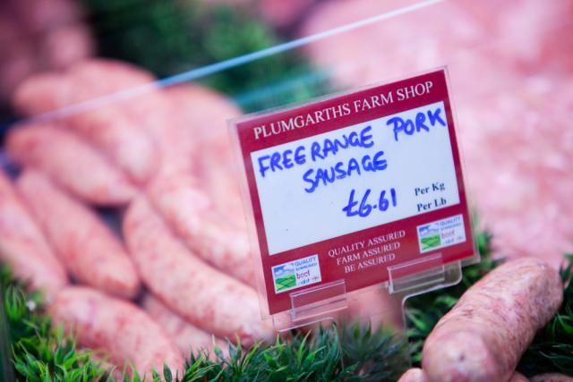 Free range sausages at Plumgarths farm shop in Kendal, Cumbria
