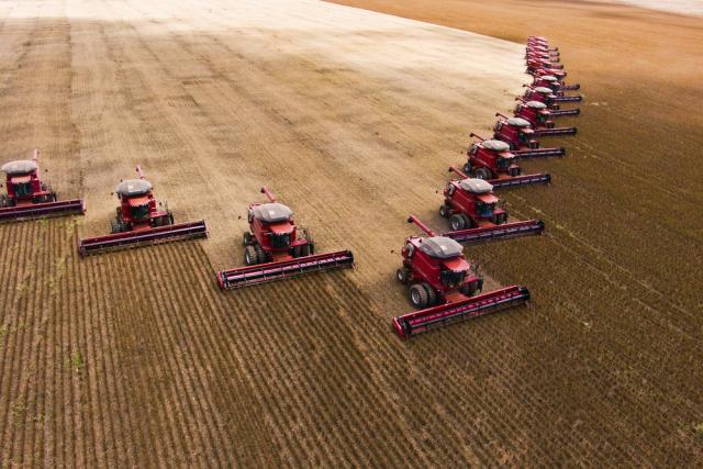Mass soybean harvesting at a farm in Campo Verde, Brazil.