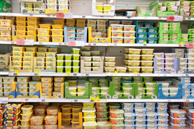 A range of food products for sale at a supermarket - mainly spreads, many of them containg a surprising amount of Palm Oil.