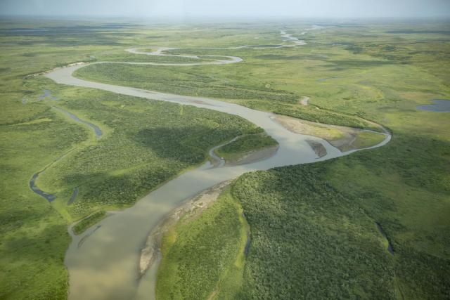 Aerial landscape of the rivers and lakes near King Salmon in Port Heiden, Alaska, United States.