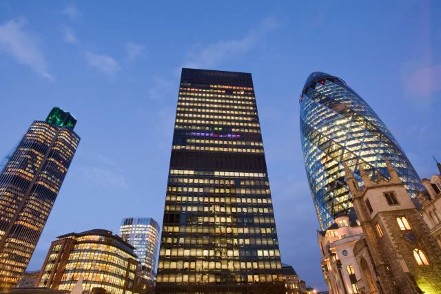 The Swiss Re Tower and other buildings in the City of London, UK.