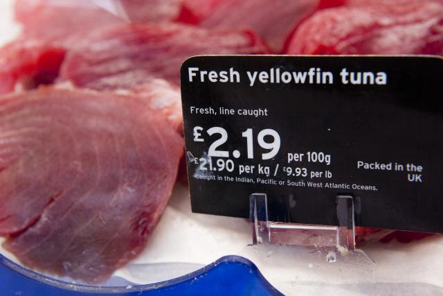 Line caught yellowfin tuna fish (Thunnus albacares) for sale at a supermarket in the UK.