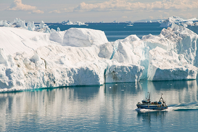 A fishing boat sails through Icebergs