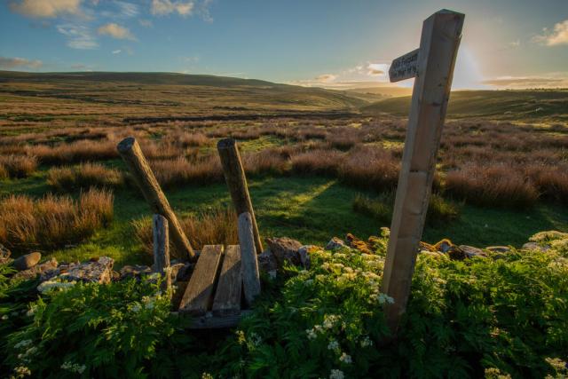 Public footpath sign to Blea Moor, outside of Wild Ingleborough site. Ingleborough, Yorkshire, UK 