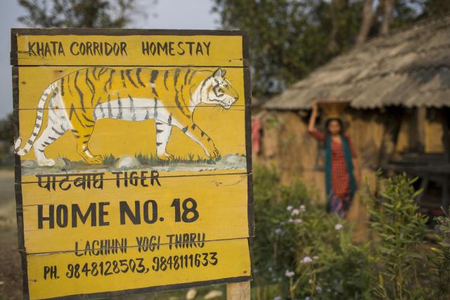 Sign saying 'Khata corridor homestay' with an illustration of a tiger. In the background, Birsana Yogi is carrying a jar on her head.