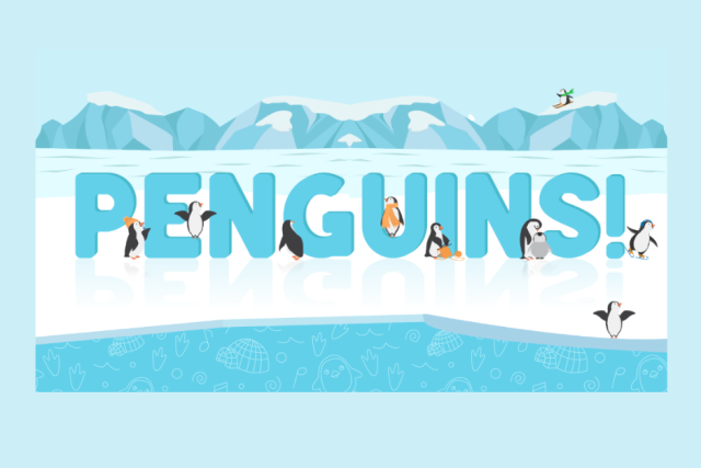 Penguin written in blue with a variety of different penguins around the letters