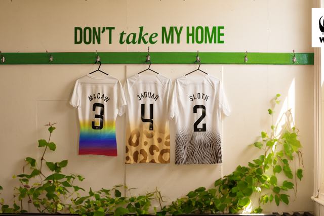 Three football shirts hanging in a changing room below the text reading 'don't take my home'. The shirt names say macaw, jaguar and sloth, representing animals that are impacted by deforestation in the Amazon.
