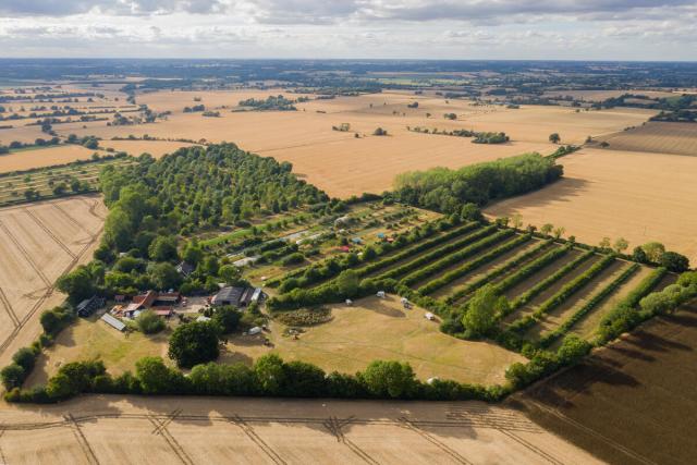Aerial view of Wakelyns farm, Suffolk. A 23-Acre organic farm  