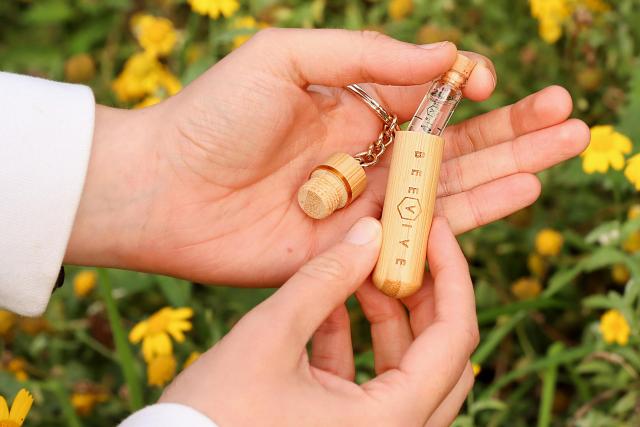 Bamboo bee revival kit on a keyring, from Beevive.