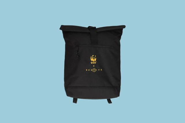 Adventure Recycled Roll-top Backpack in Black on blue background