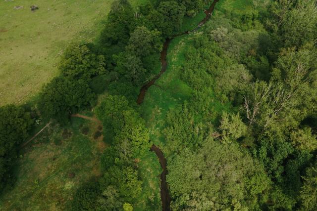 Aerial shot of river Nar. Nr Castle Acre, North Norfolk, UK.