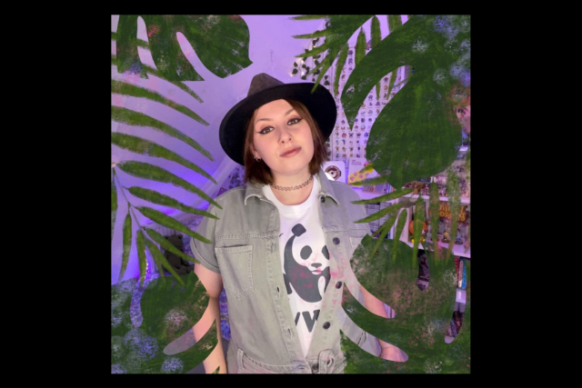 Woman in hat, purple background with leaf frame surrounding