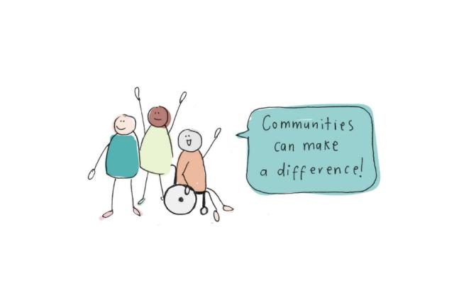 Illustration of people with the speech bubble saying 'communities can make a difference!'